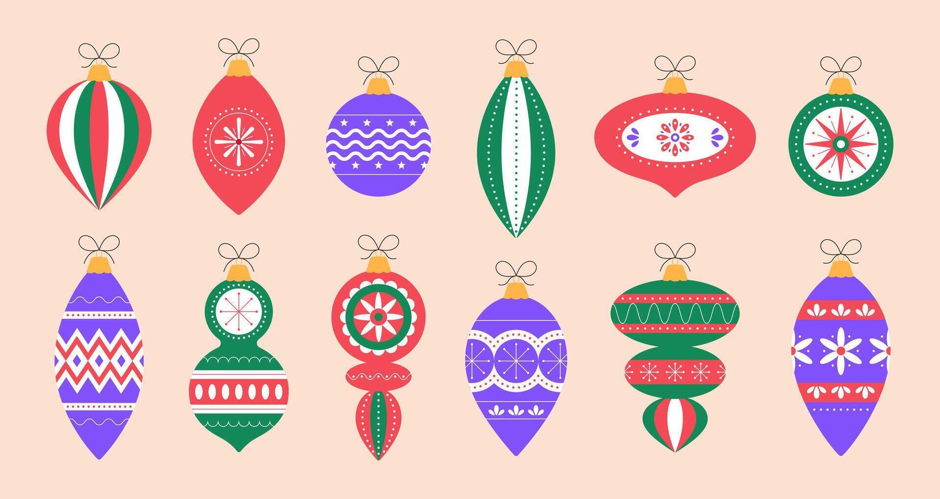 Festive colorful Christmas balls in flat style. Modern holiday ornaments. illustration vector