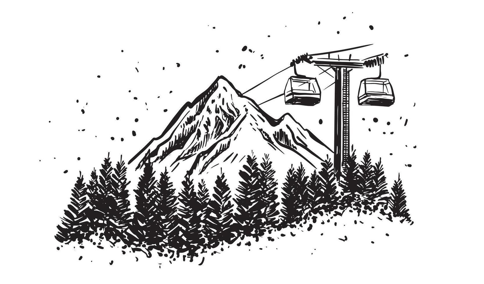 Ski lift in the mountains on white, hand drawn. vector