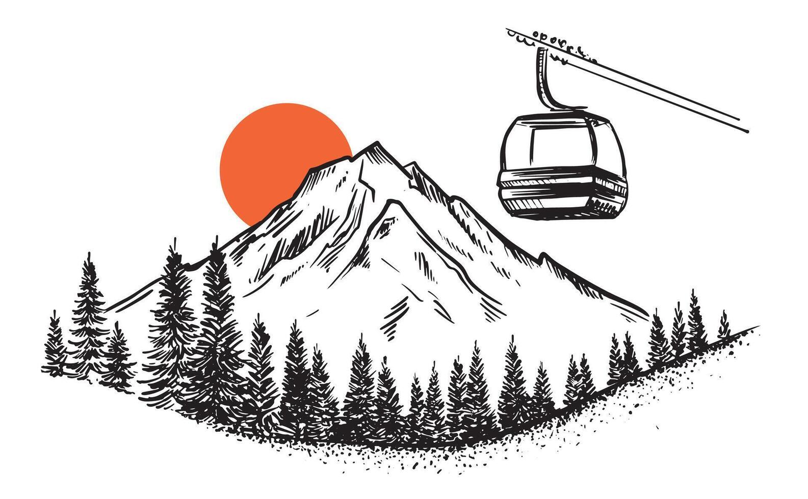 Ski lift in the mountains, hand drawn. vector