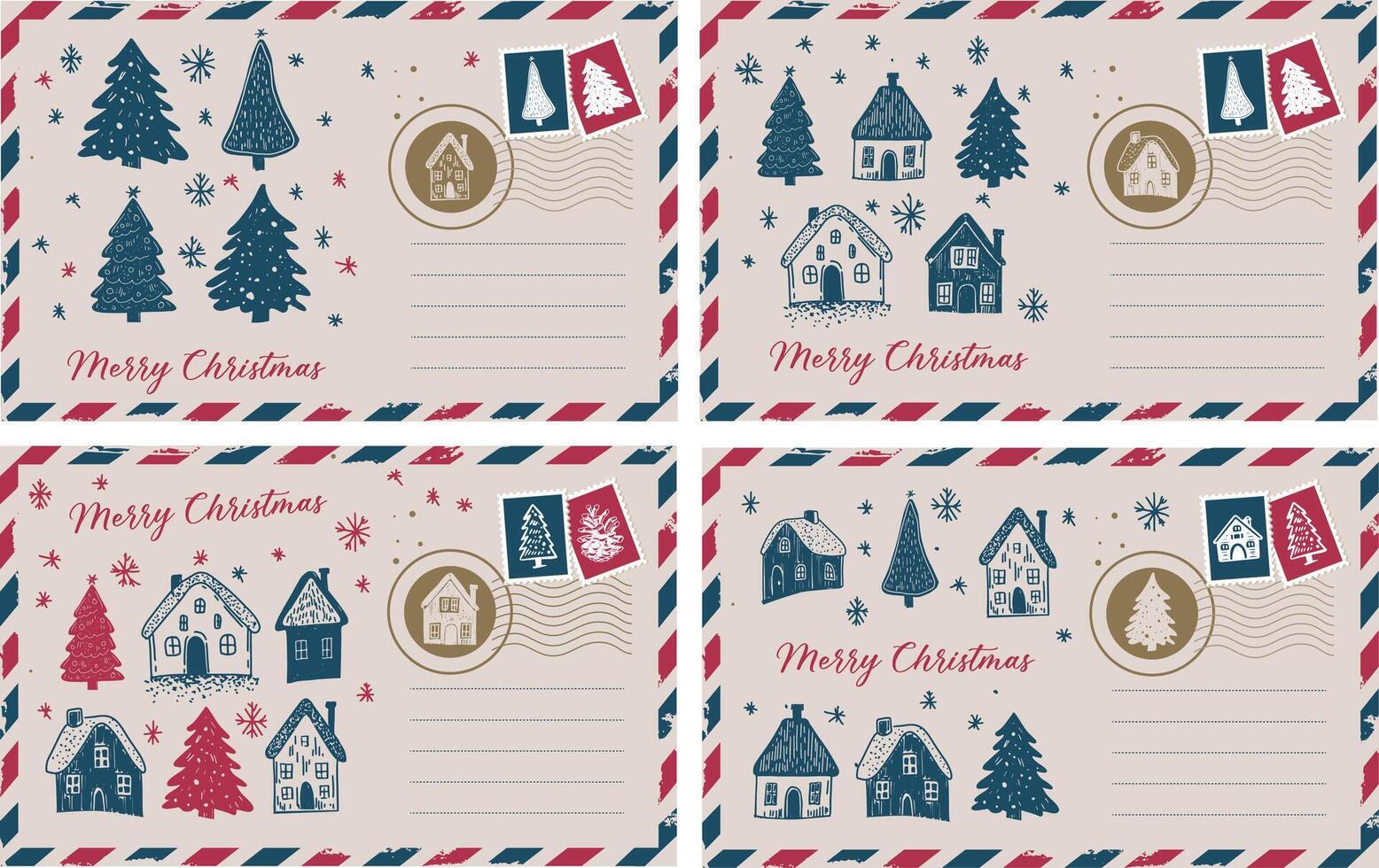 Christmas mail with houses, snow and tree, postcard, hand drawn illustration. vector
