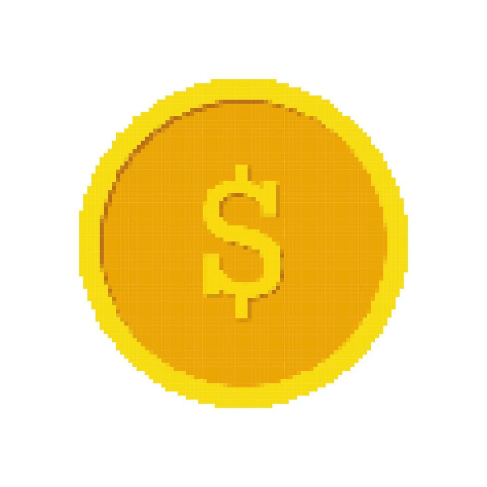 Dollar Pixel Art Gold Coin Icon. Digital Currency Sign. Golden Coin Symbol for Digital Finance in World. 8-Bit Game Concept. Isolated Illustration vector
