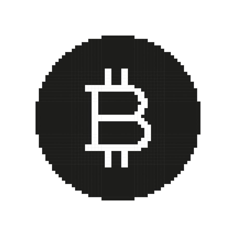 Bitcoin Silhouette Icon in Pixel Style. 8 Bit Game. Digital Cryptocurrency and Blockchain Finance Sign. Isolated Illustration vector
