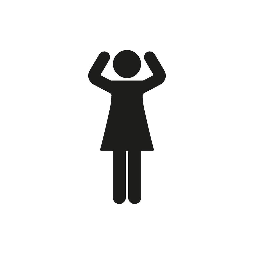 Woman Figure with Bent Arms Raised Silhouette Icon. Stick Figure with Arms Raised at Head, Human Body Gesture Pose Glyph Symbol. Isolated Illustration vector