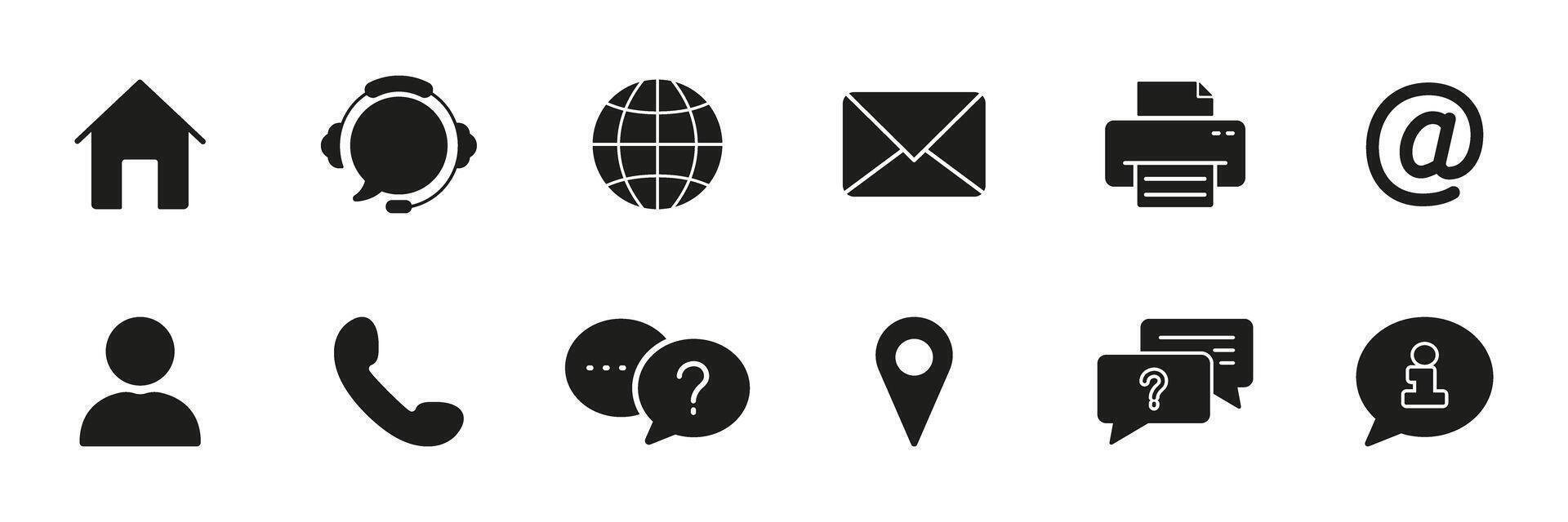 Communication, Support, and Contact Services Silhouette Icon Set. Email, Phone, and Location Glyph Symbol Collection. Isolated Illustration vector