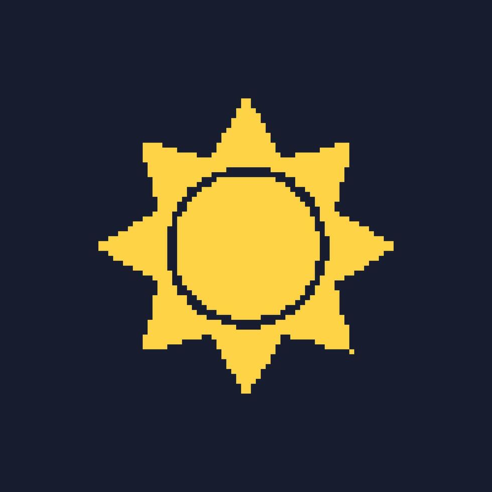 Sun Pixel Art Icon. Retro Game Yellow Sun Isolated on Dark Background. Vintage Game Symbol. Isolated Illustration vector