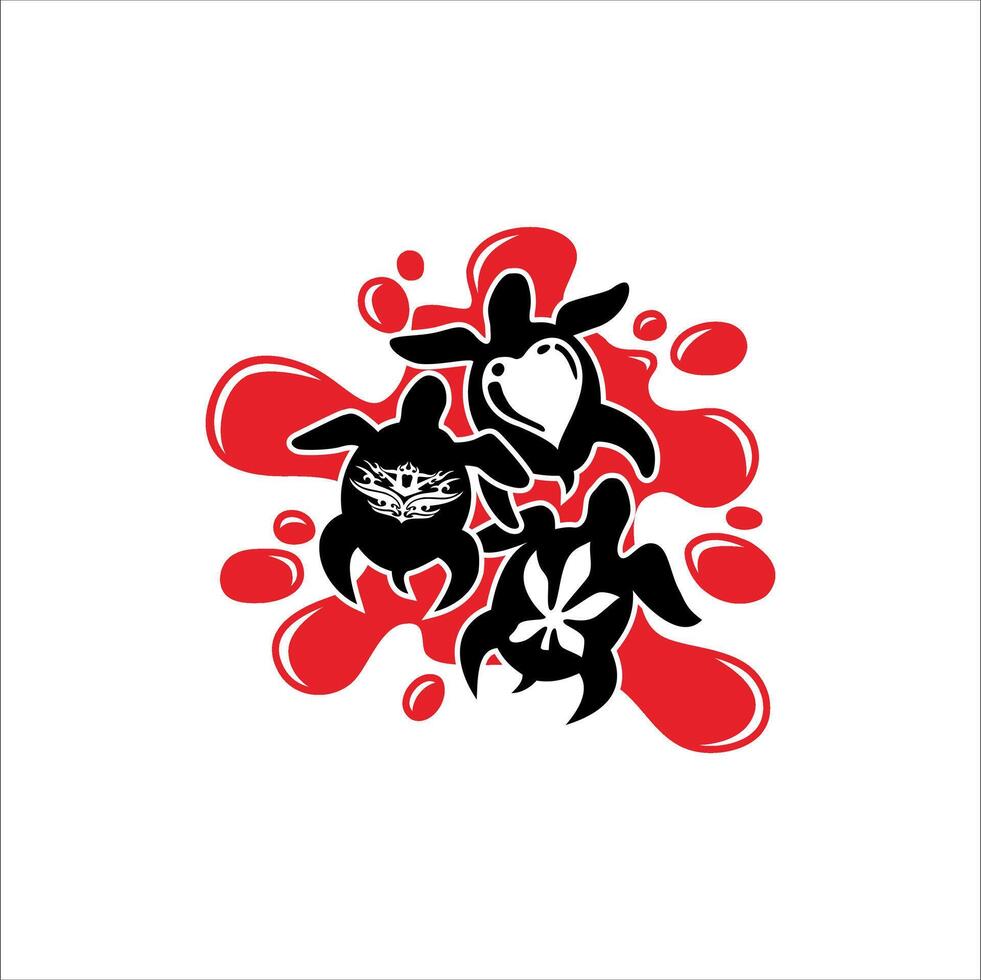 Three turtles swimming on red water vector