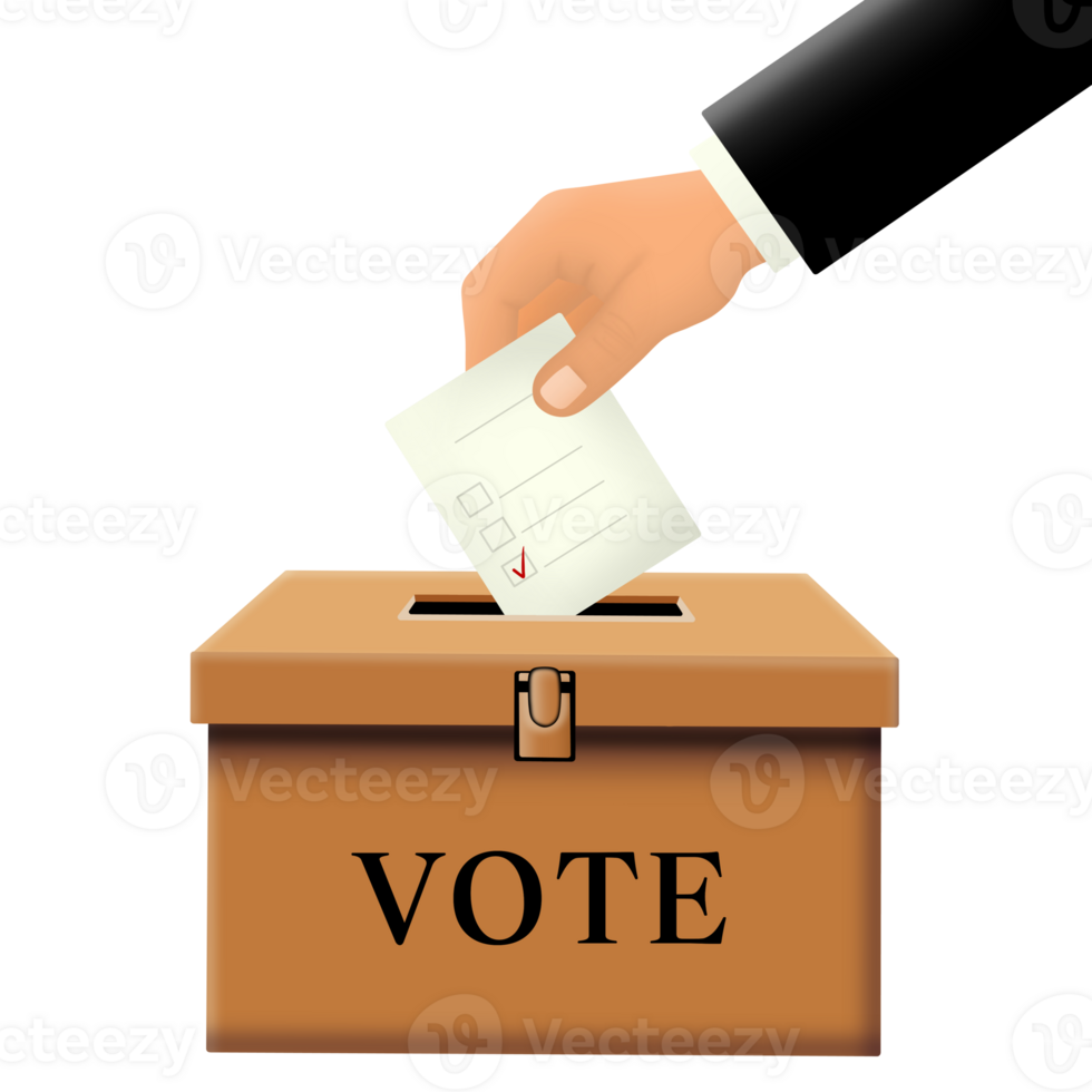 Illustration of a hand putting a letter into an Election Ballot Box. Public Voting. png