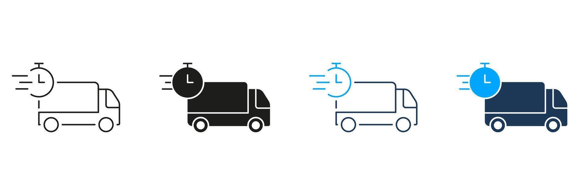 Delivery Time Line and Silhouette Icon Set. Express Shipping Vehicle Pictogram. Fast Deliver Symbol. Cargo Truck with Timer Sign, Free Shipment. Editable Stroke. Isolated Illustration vector