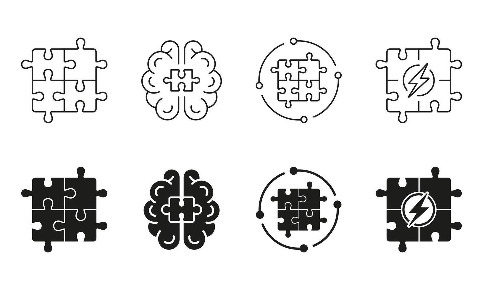 Jigsaw, Human Mind Concept Line and Silhouette Icon Set. Puzzle and Brain Symbol Collection. Editable Stroke. Isolated Illustration vector