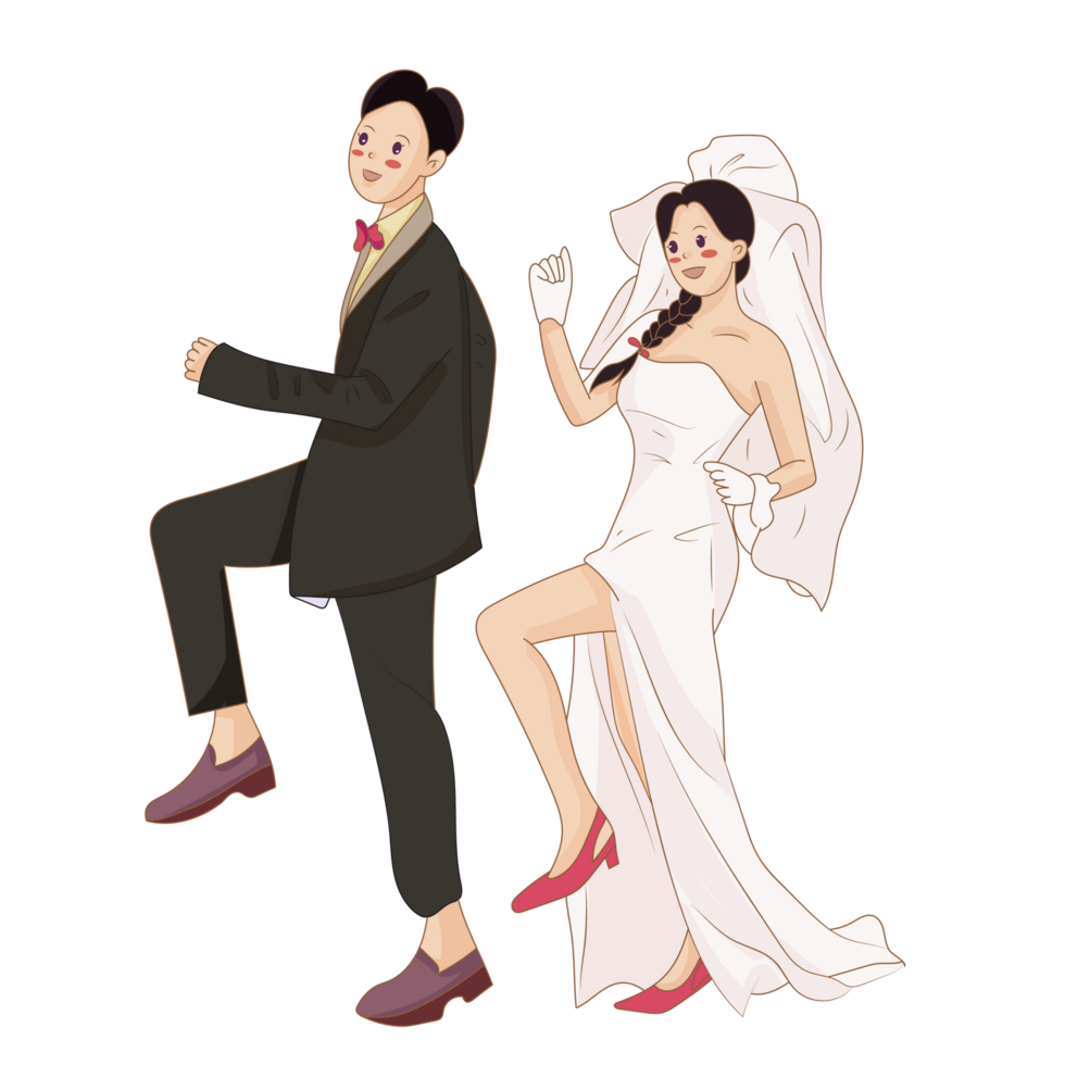 Bride and Groom Holding Hands in Elegant Cartoon Style png