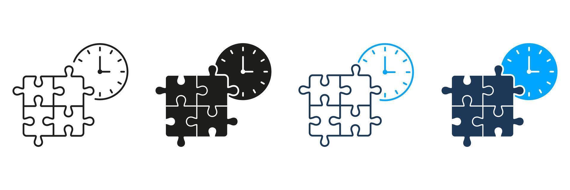 Puzzle with Time, Urgency Solution Line and Silhouette Icon Set. Deadline for Teamwork Strategy Sign. Editable Stroke. Isolated Illustration vector