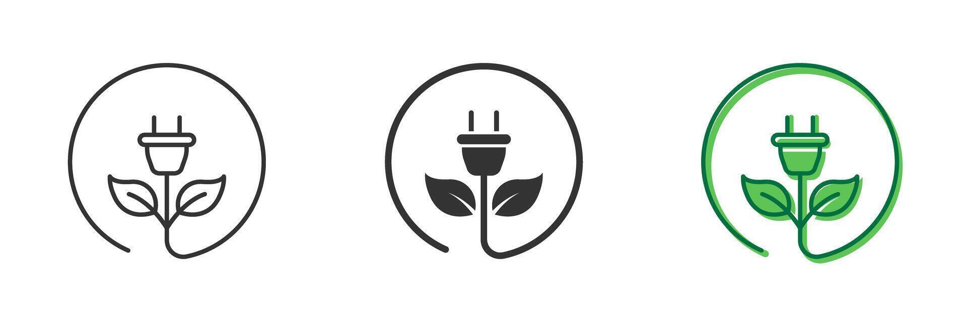 Eco Plug Line and Silhouette Icon Set. Electric Plug With Leaves Symbol. Green Energy Plug Icon. Editable Stroke. Isolated Illustration vector
