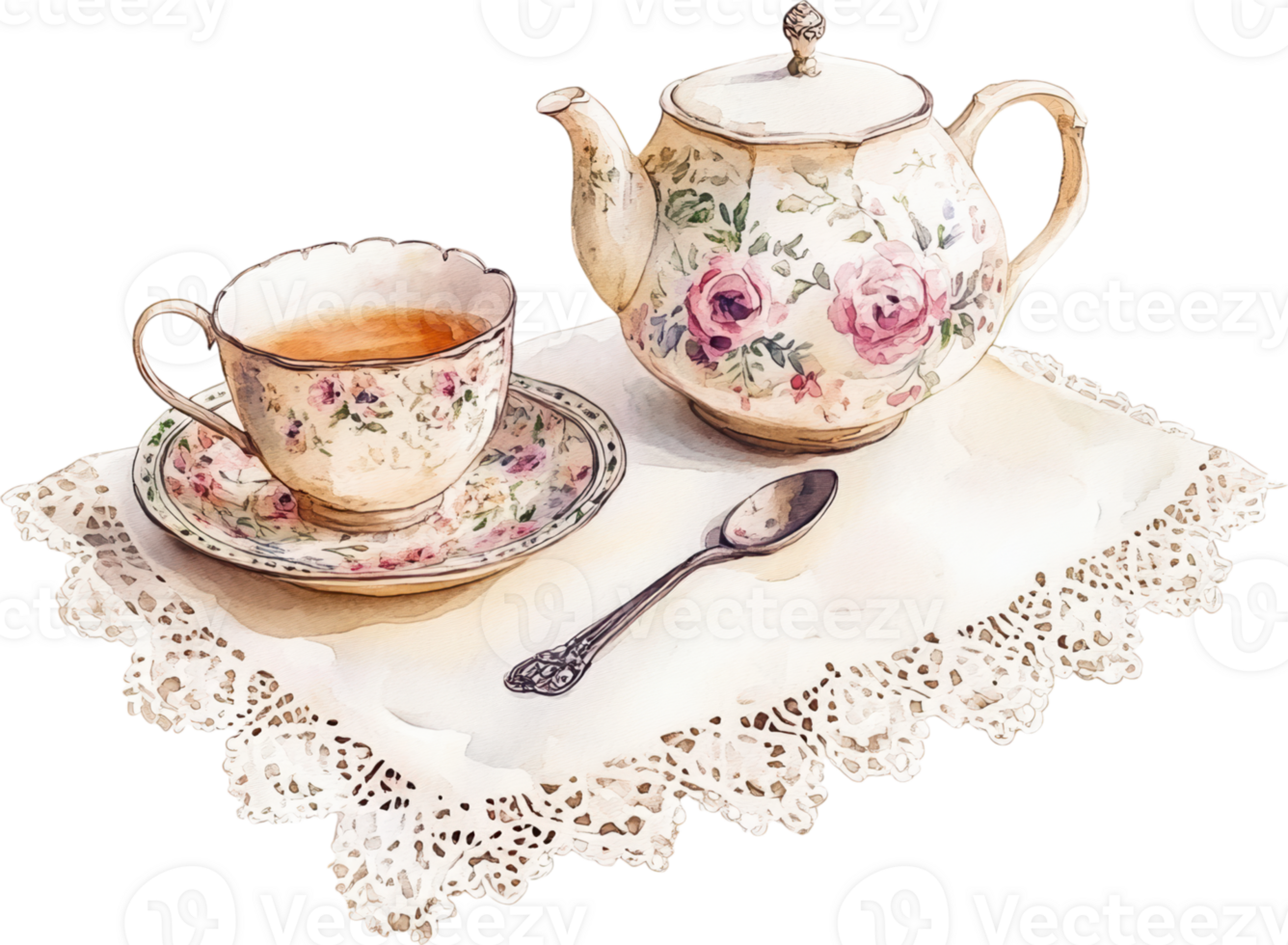 Vintage Floral Tea Set with Teapot, Teacup, and Saucer on Lace Doily, Elegant Afternoon Tea Decor png