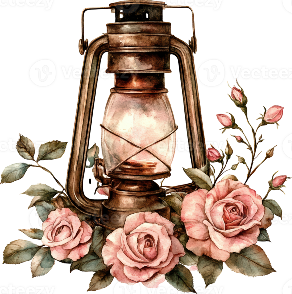 Rustic Lantern with Pink Roses, Vintage Cottagecore Floral Decor png