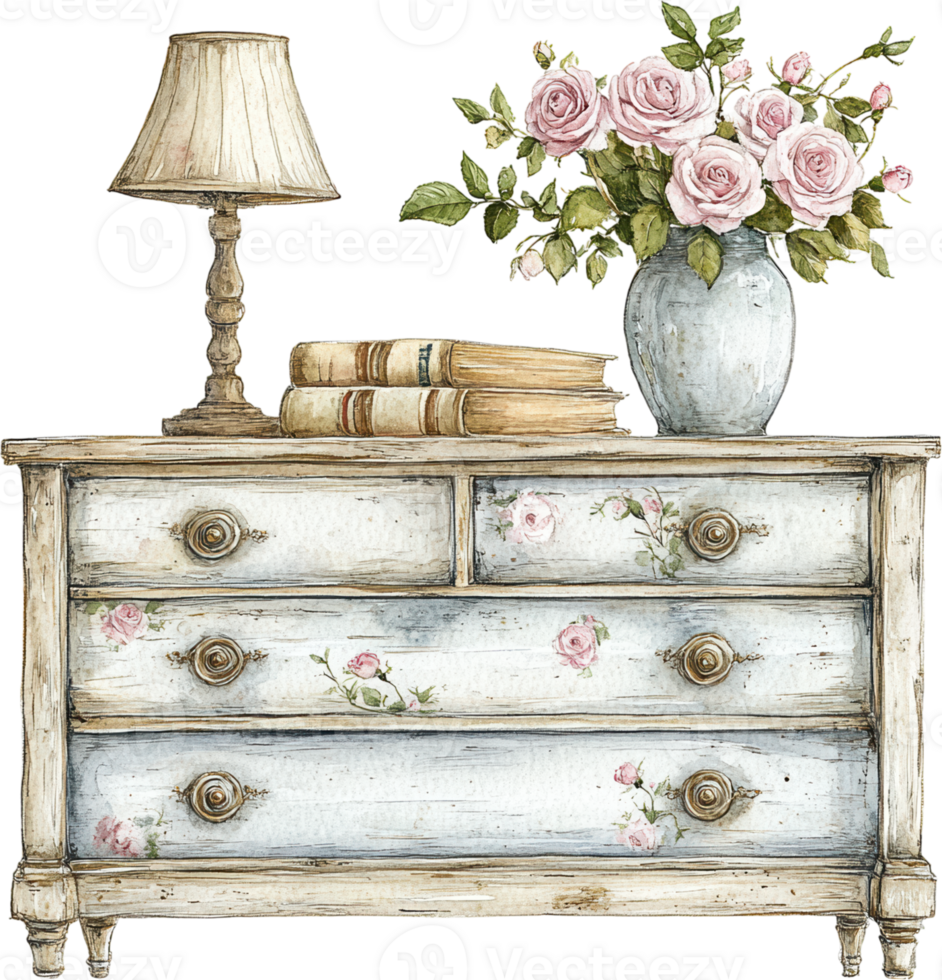 Rustic Vintage Dresser with Floral Vase, Lamp, and Books, Shabby Chic Bedroom Decor png