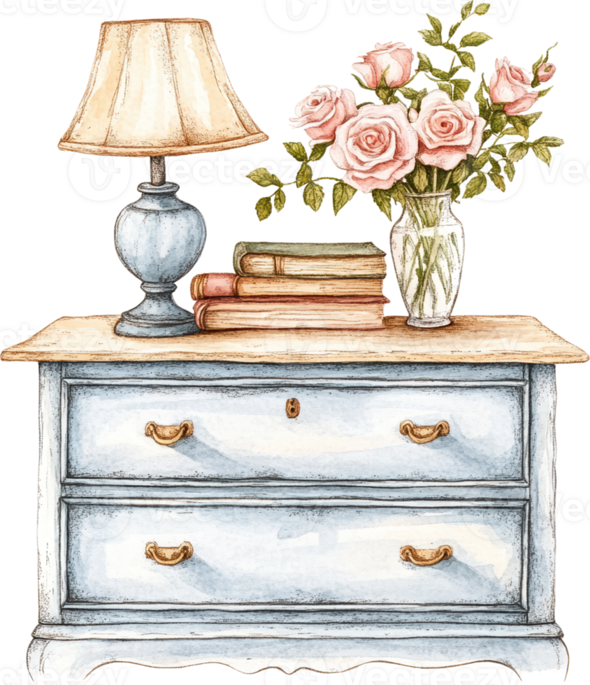 Vintage Blue Dresser with Lamp, Books, and Pink Floral Arrangement, Elegant Cottagecore Decor png