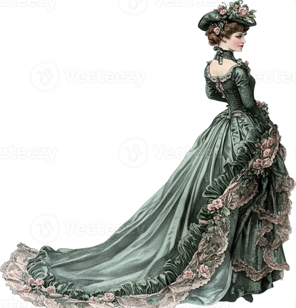 Victorian Lady in Flowing Green Gown with Floral Bouquet, Walking Side Profile png