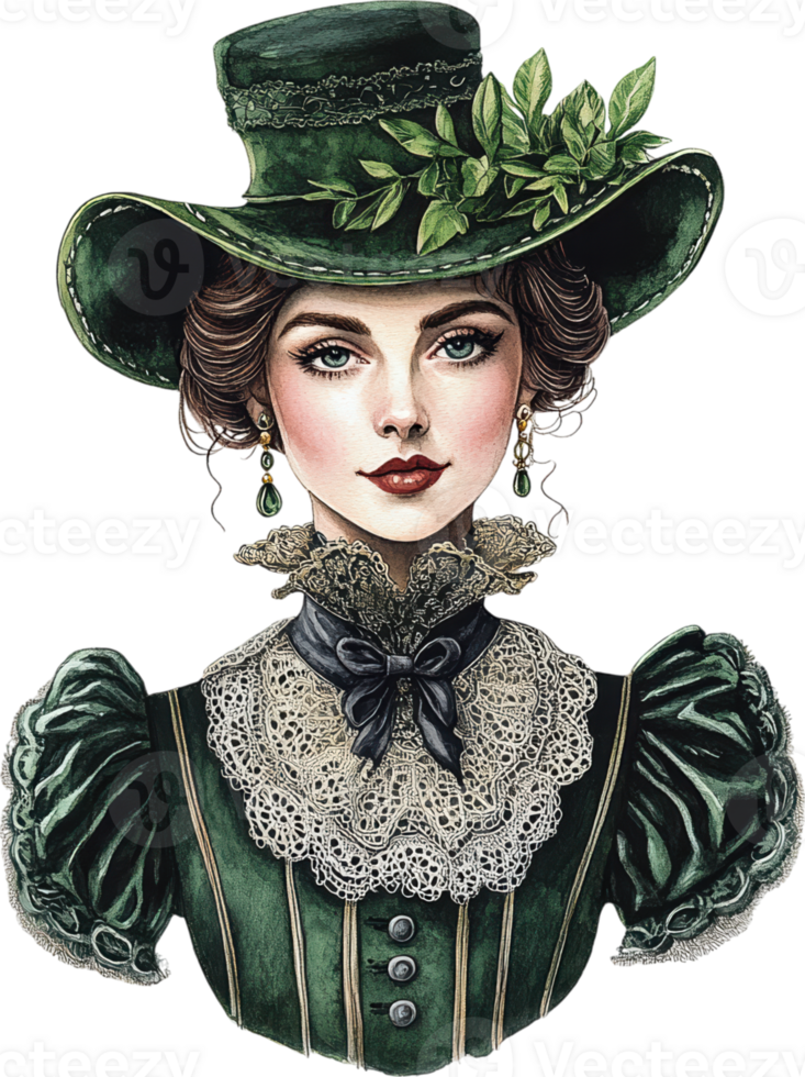 Victorian Lady in Green Dress with Floral Hat and Lace Collar, Elegant Portrait png
