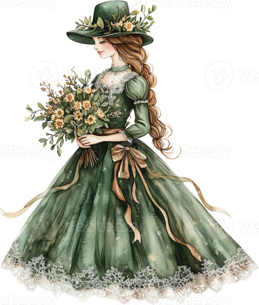 Victorian Woman in Green Dress with Lace Hem Holding a Floral Bouquet, Side Profile png