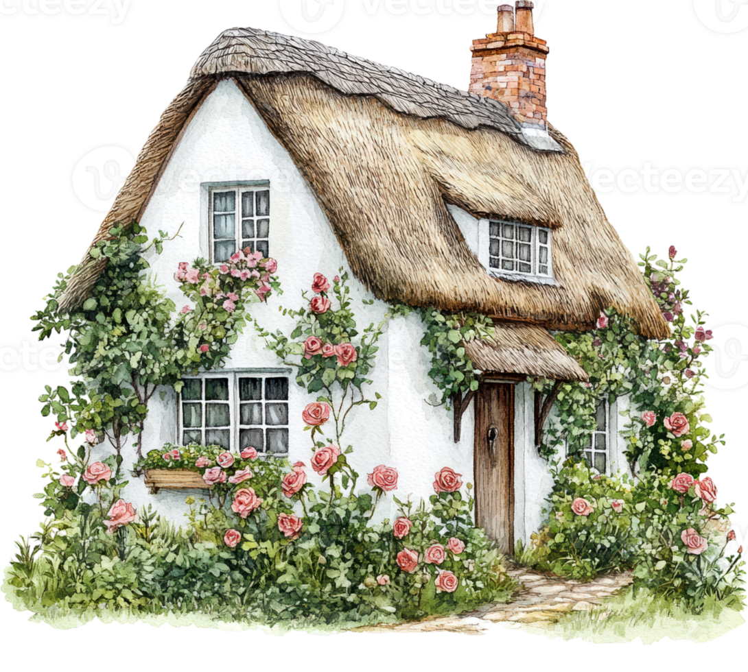 Charming Cottage with Stone Path and Blooming Purple Crocuses png