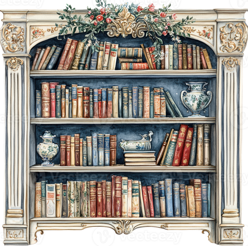 Vintage Ornate Bookshelf with Classic Books and Decorative Floral Accents png