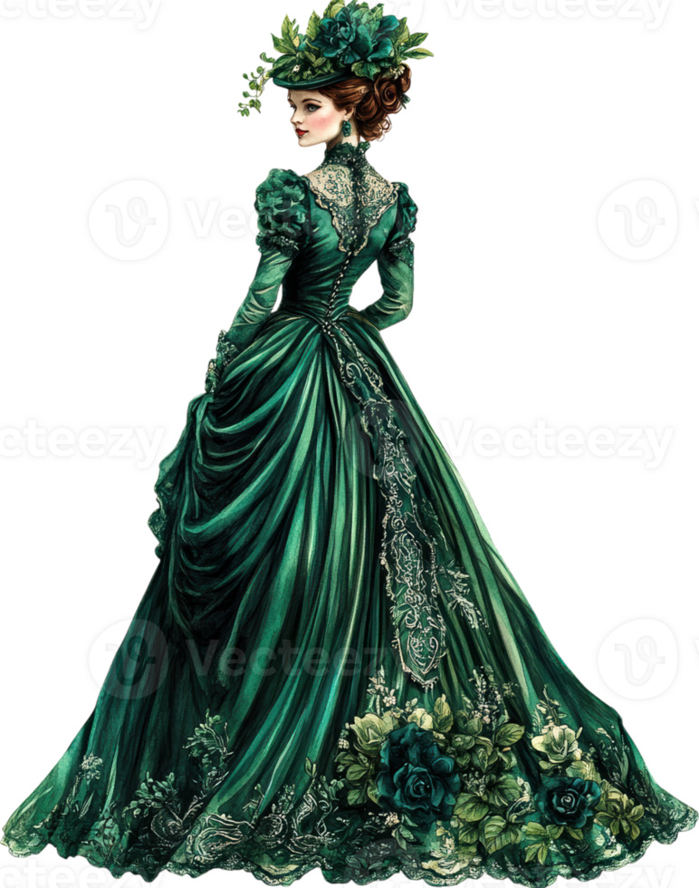 Victorian Woman in Flowing Green Gown with Intricate Floral Embroidery, Full-Length Portrait png