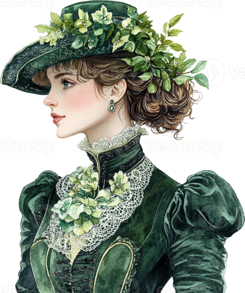 Elegant Victorian Lady in Green Dress with Floral Hat and Brooch png
