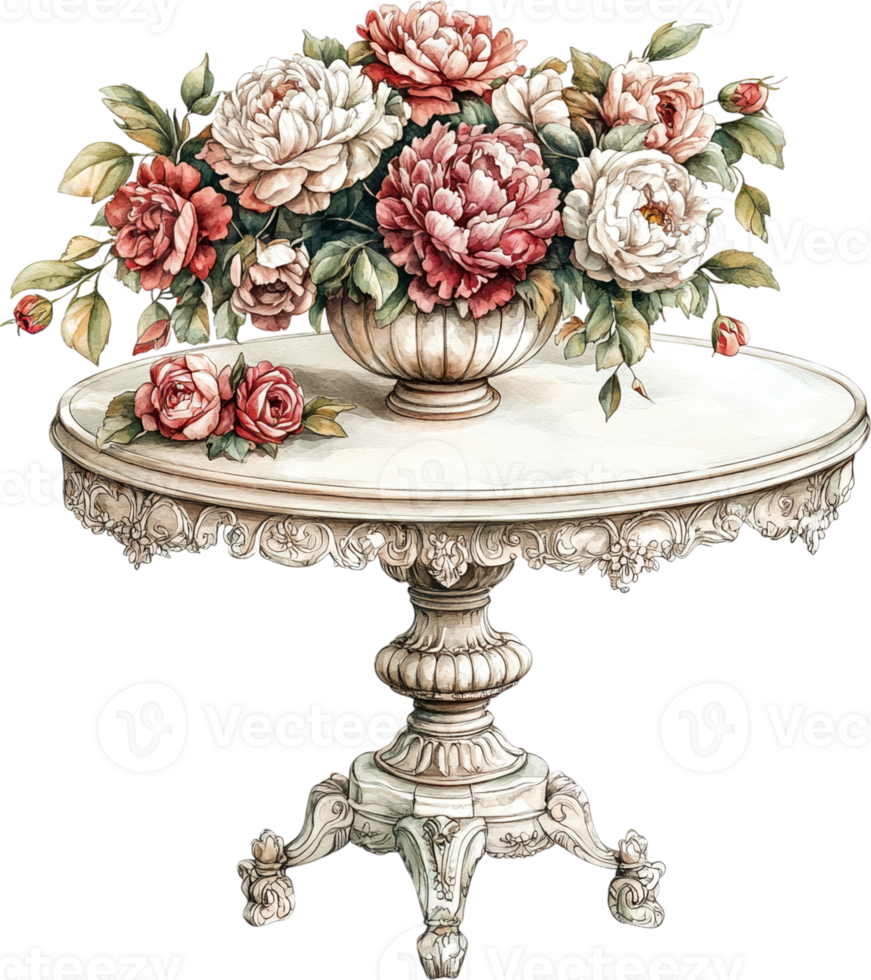 Ornate Vintage Table with Floral Arrangement of Peonies and Roses, Elegant French Country Decor png