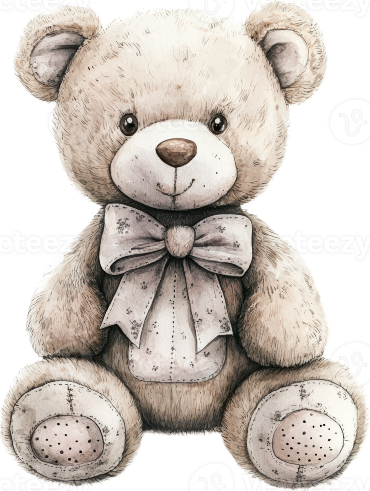 Vintage Teddy Bear with Bow, Classic Stuffed Animal Illustration for Kids' Decor png