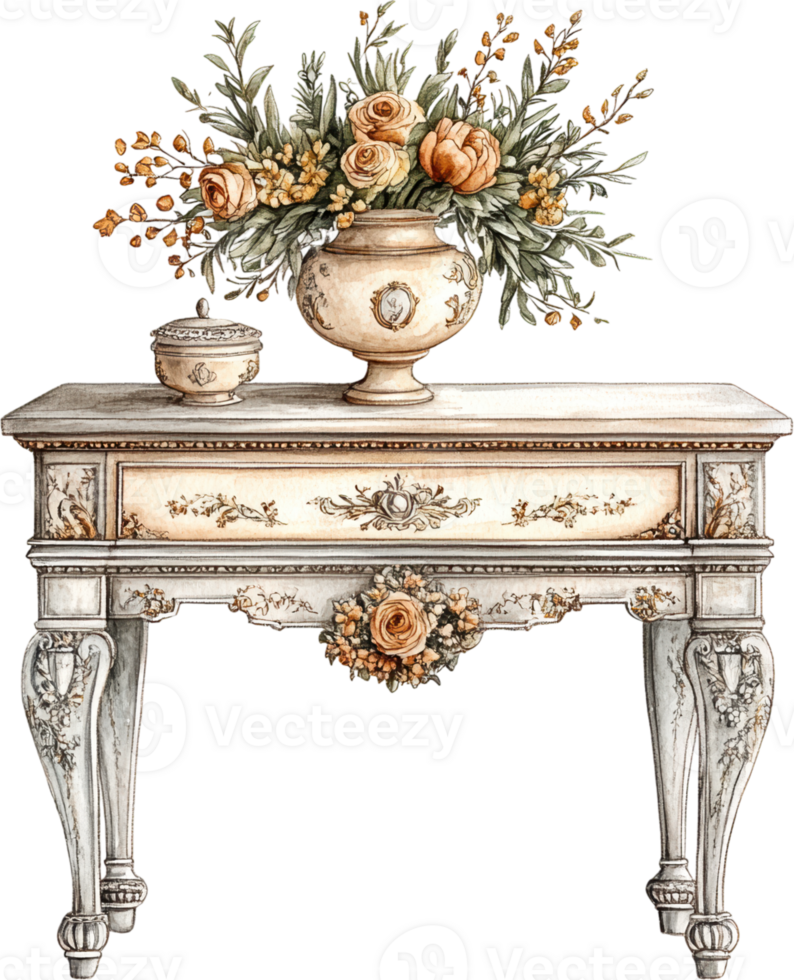 Vintage Ornate Console Table with Elegant Floral Arrangement in Classic Vase png