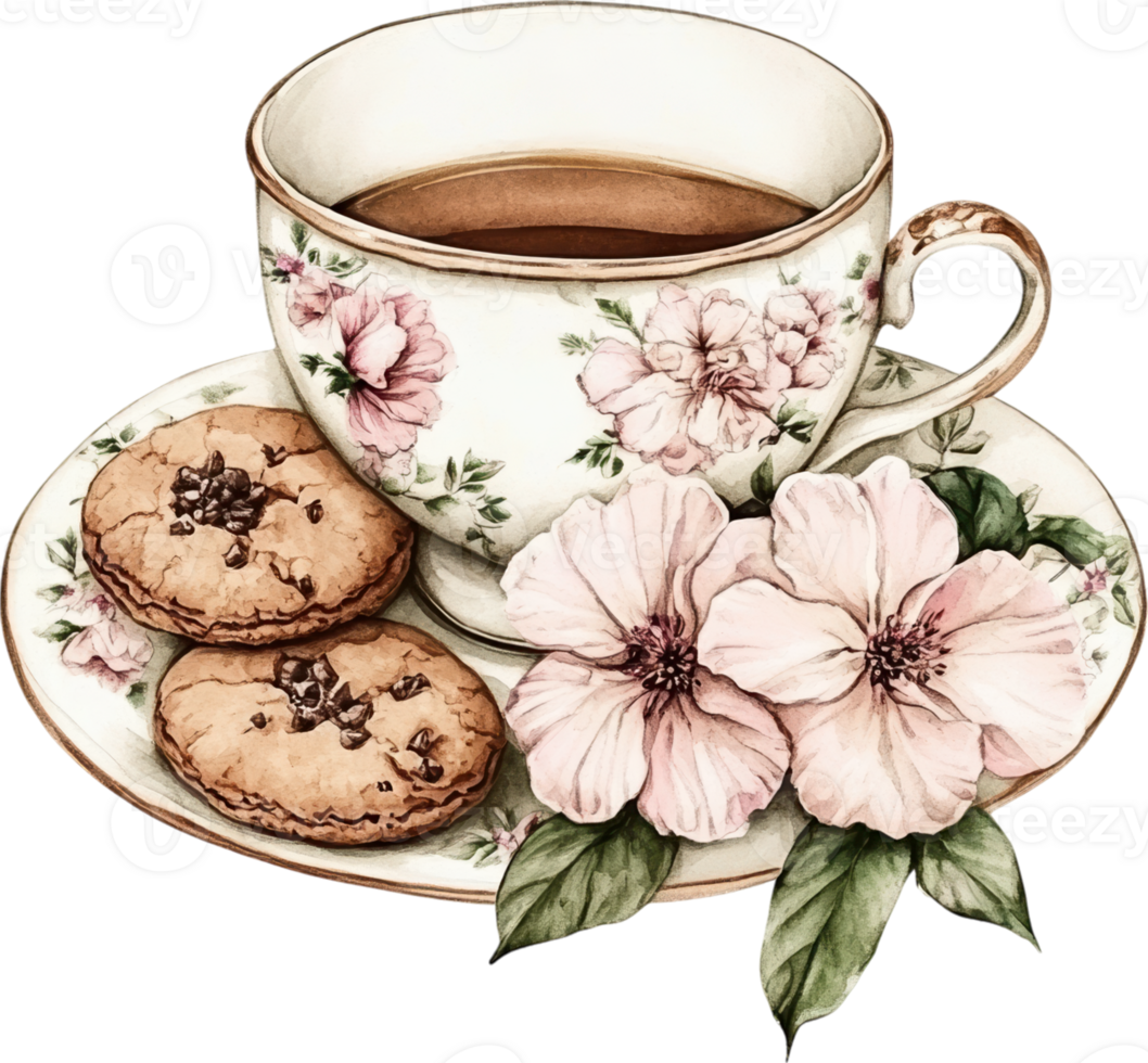 Floral Tea Set with Assorted Pastries and Pink Flowers, Elegant Tea Time png