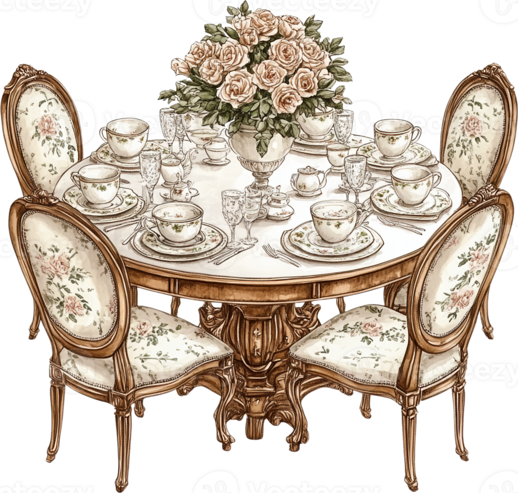 Elegant Vintage Dining Set with Teacups and Floral Centerpiece, Victorian Style Table Decor png