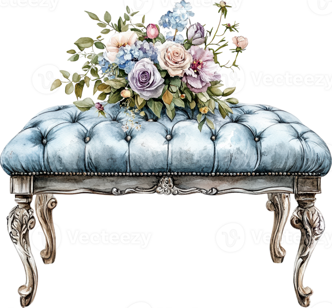 Elegant Vintage Ottoman with Floral Arrangement of Roses and Pastel Flowers png