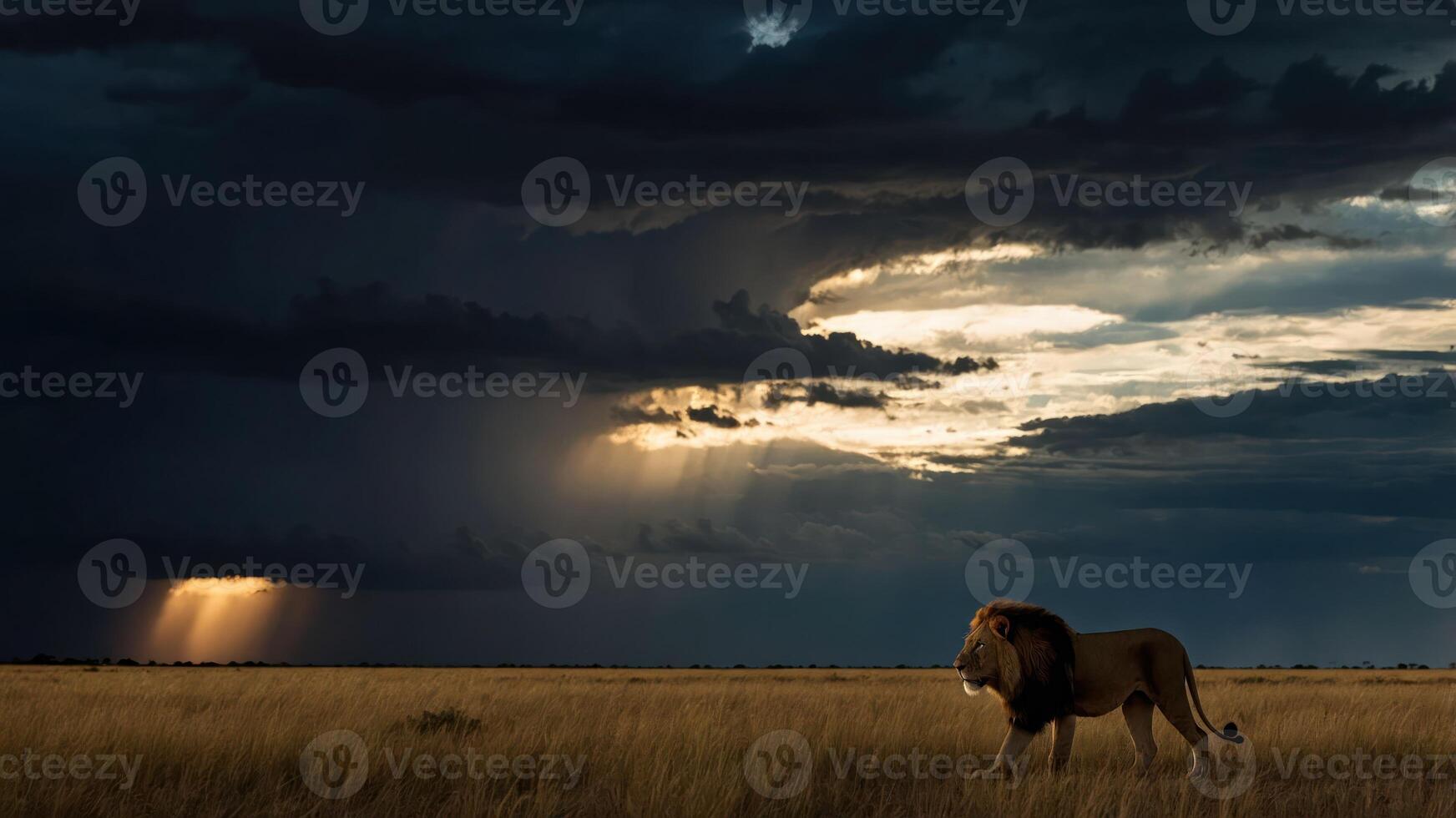A majestic lion walks through a golden grassland under a dramatic sky. photo
