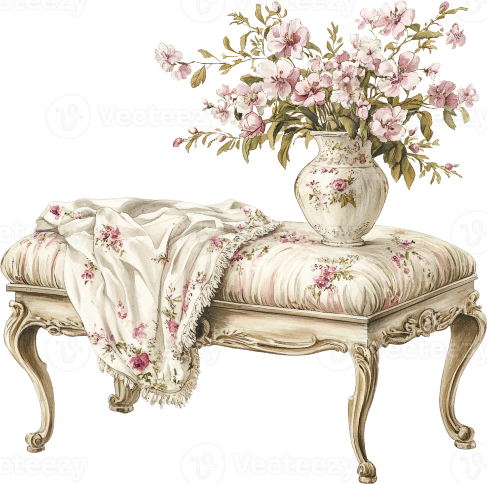 Classic ottoman with floral upholstery and matching vase arrangement png