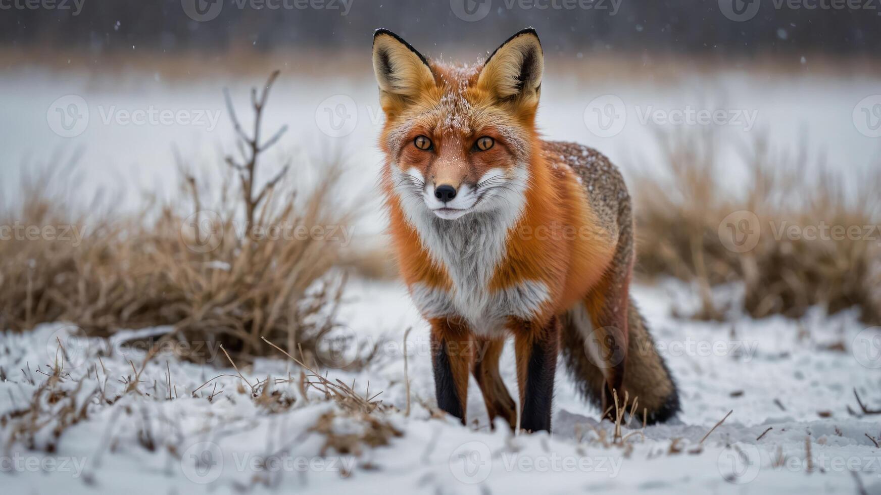 A red fox stands in a snowy landscape, showcasing its vibrant fur and alert expression. photo