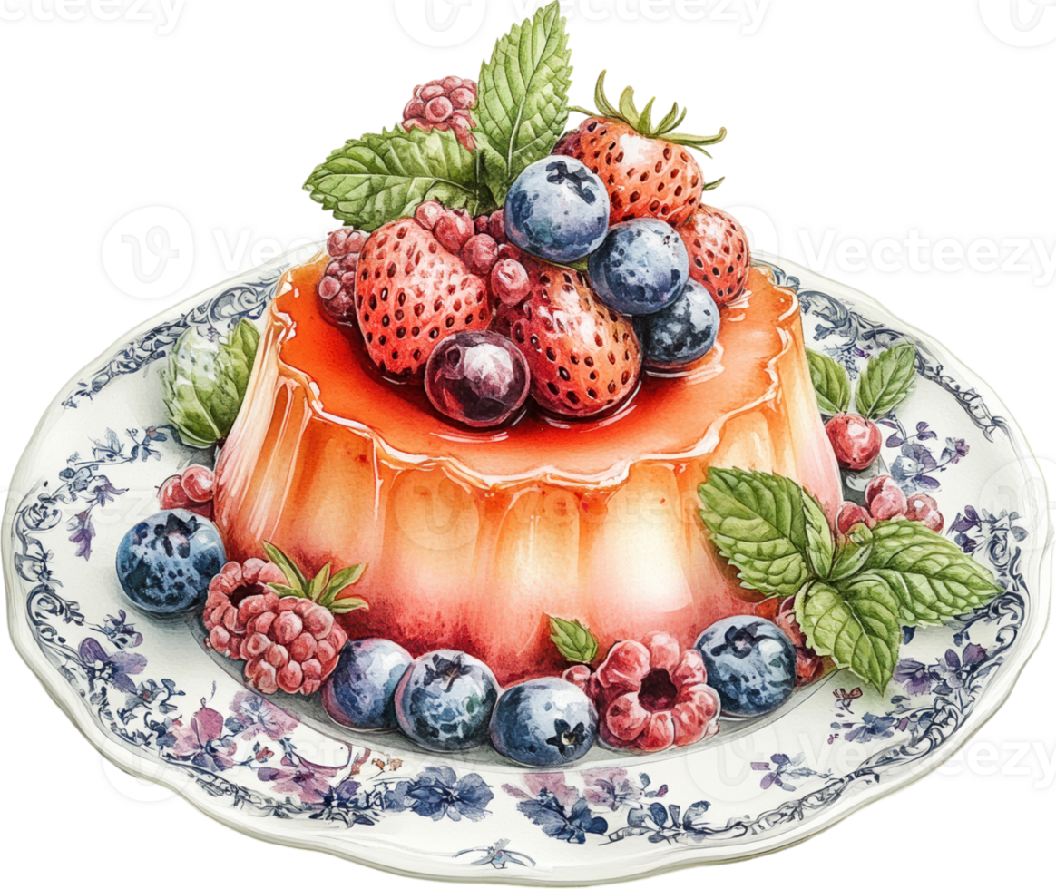 Vanilla flan topped with berries and mint, served on decorative plate png