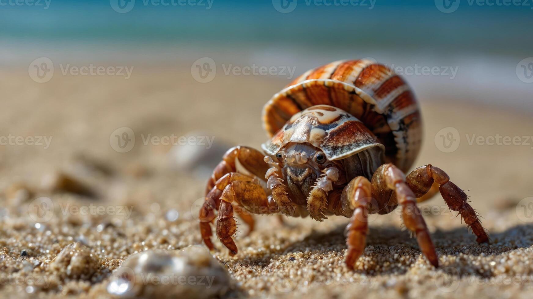 A close-up of a hermit crab on a sandy beach, showcasing its shell and surroundings. photo