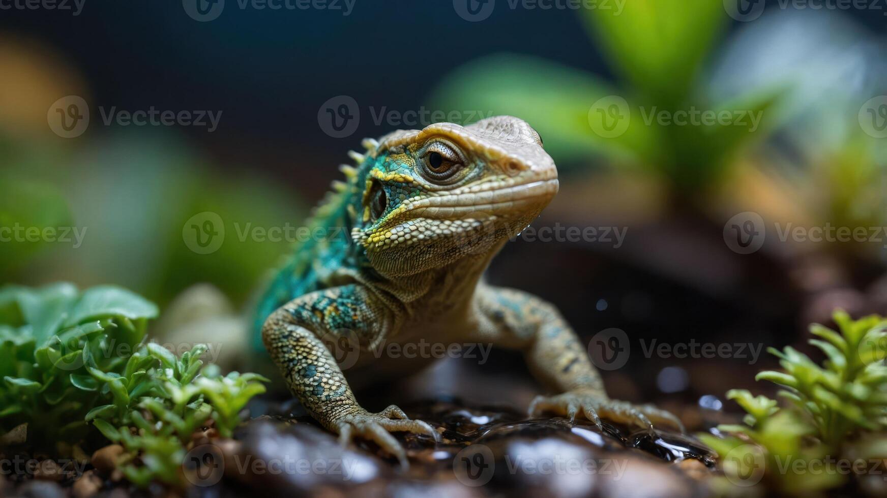 A close-up of a colorful lizard among lush greenery and water droplets. photo