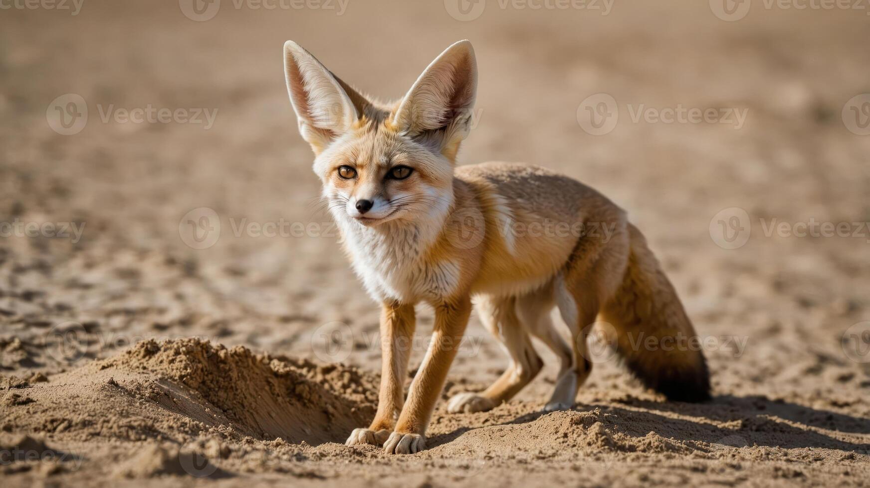 A fennec fox stands alert near a sandy burrow in a desert landscape. photo