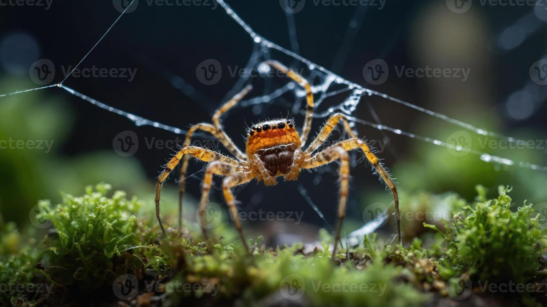 A close-up of a spider weaving its web in a lush, green environment. photo