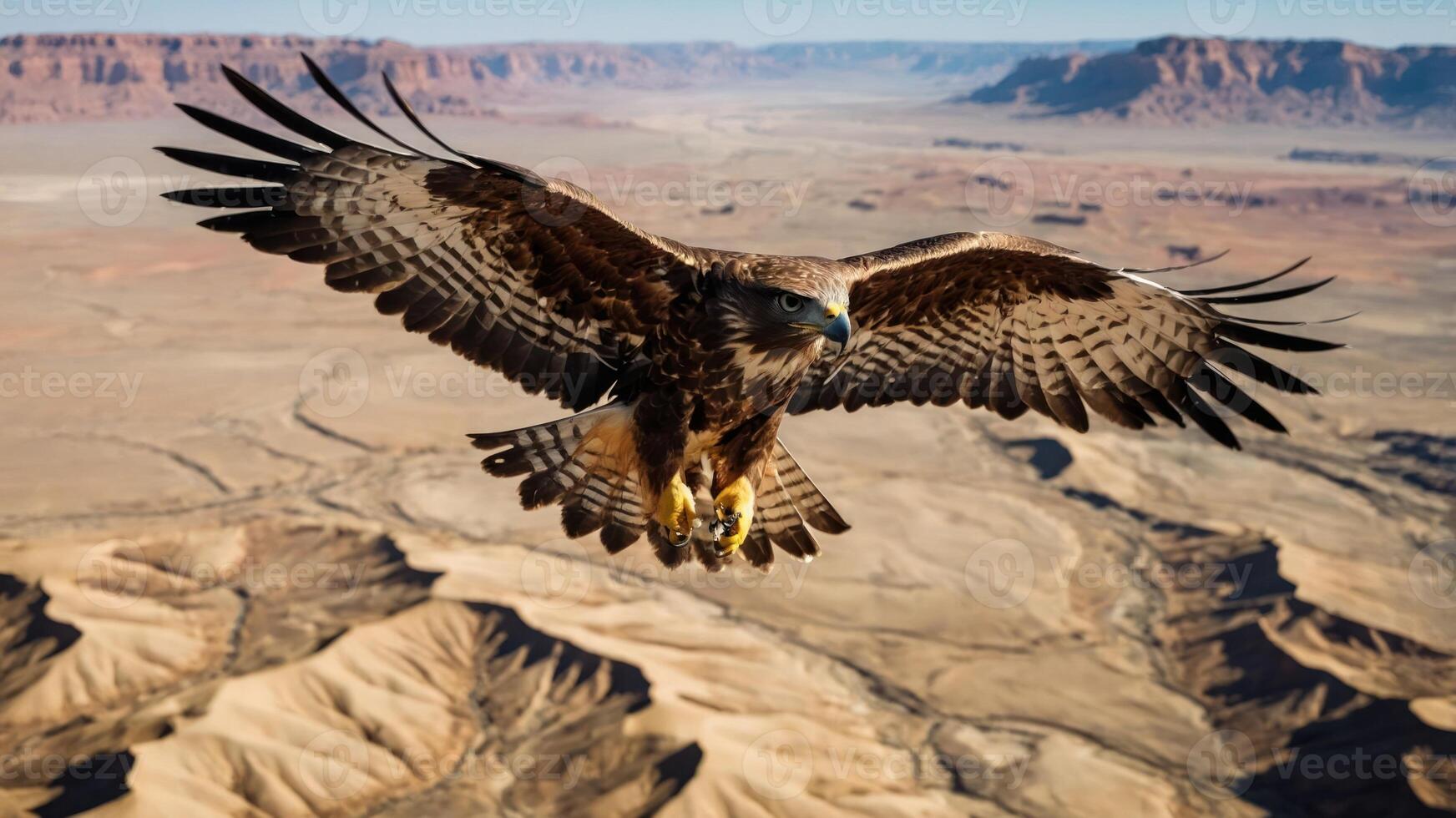 A majestic eagle soars over a vast desert landscape, showcasing its wingspan and grace. photo