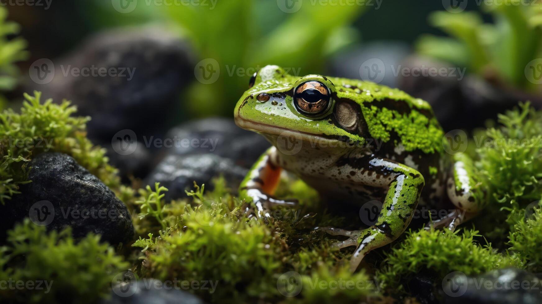 A close-up of a green frog resting on mossy rocks, showcasing its vibrant colors and habitat. photo