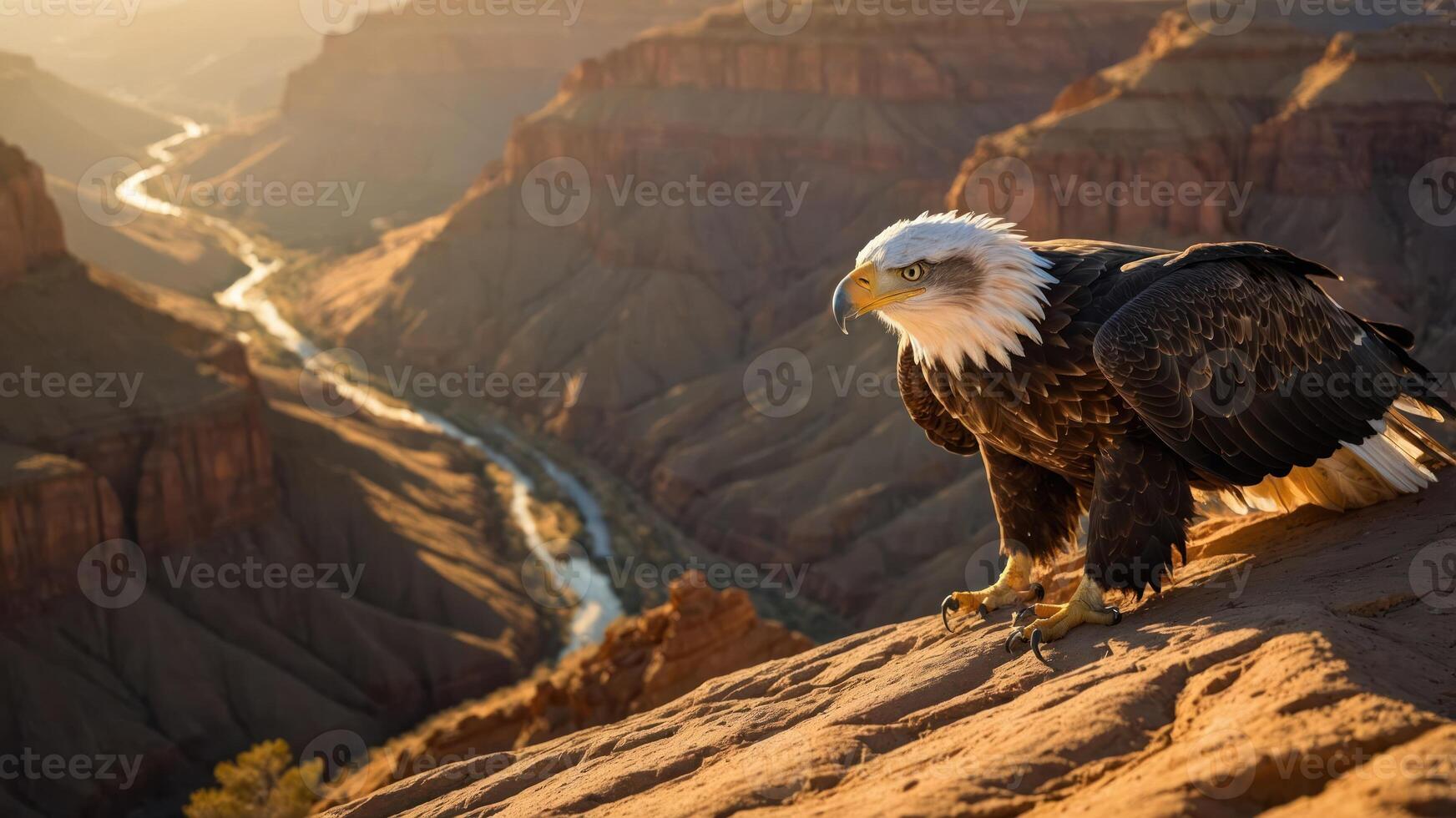 A majestic eagle perched on a rocky ledge overlooking a winding river in a canyon at sunset. photo