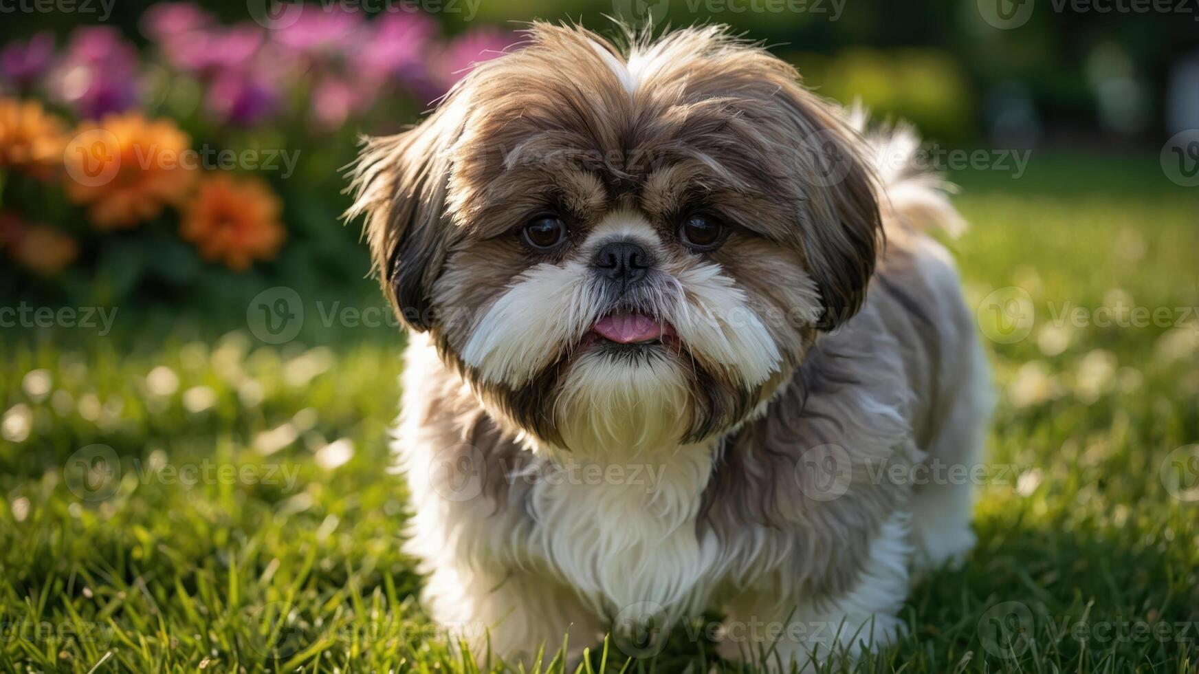 A playful Shih Tzu stands in a garden filled with colorful flowers. photo