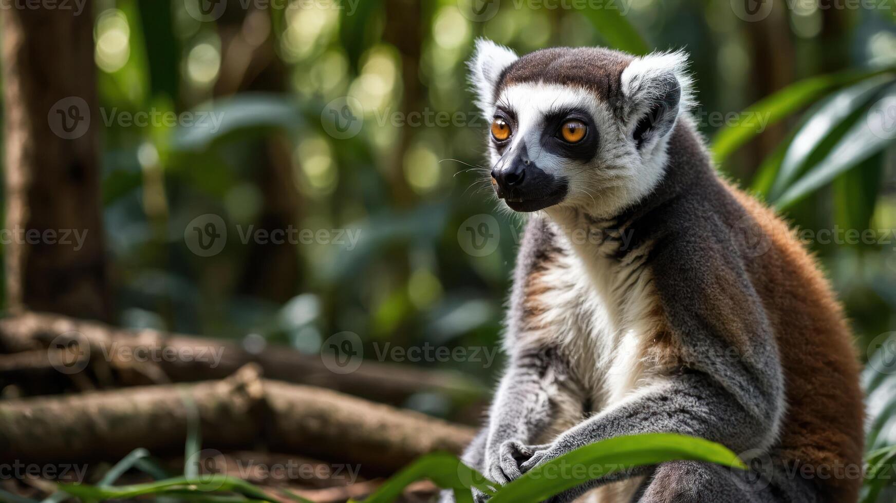 A close-up of a lemur sitting amidst greenery in a forest. photo