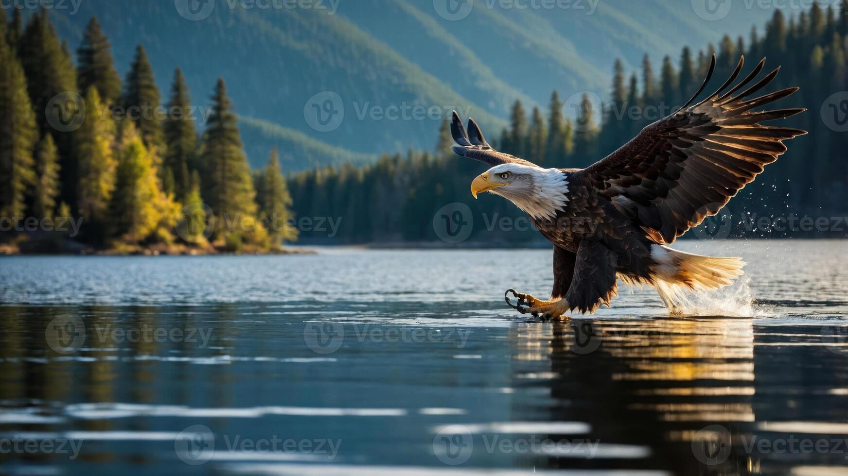 A majestic eagle skims the water's surface, capturing its prey against a serene backdrop. photo
