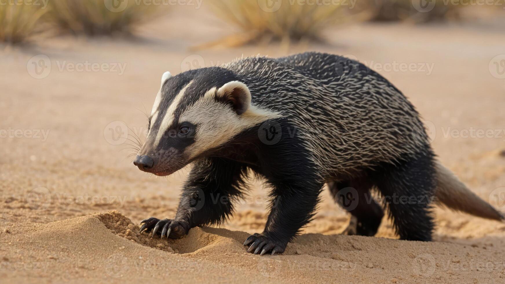 A striped badger foraging on sandy terrain, showcasing its distinctive fur pattern. photo