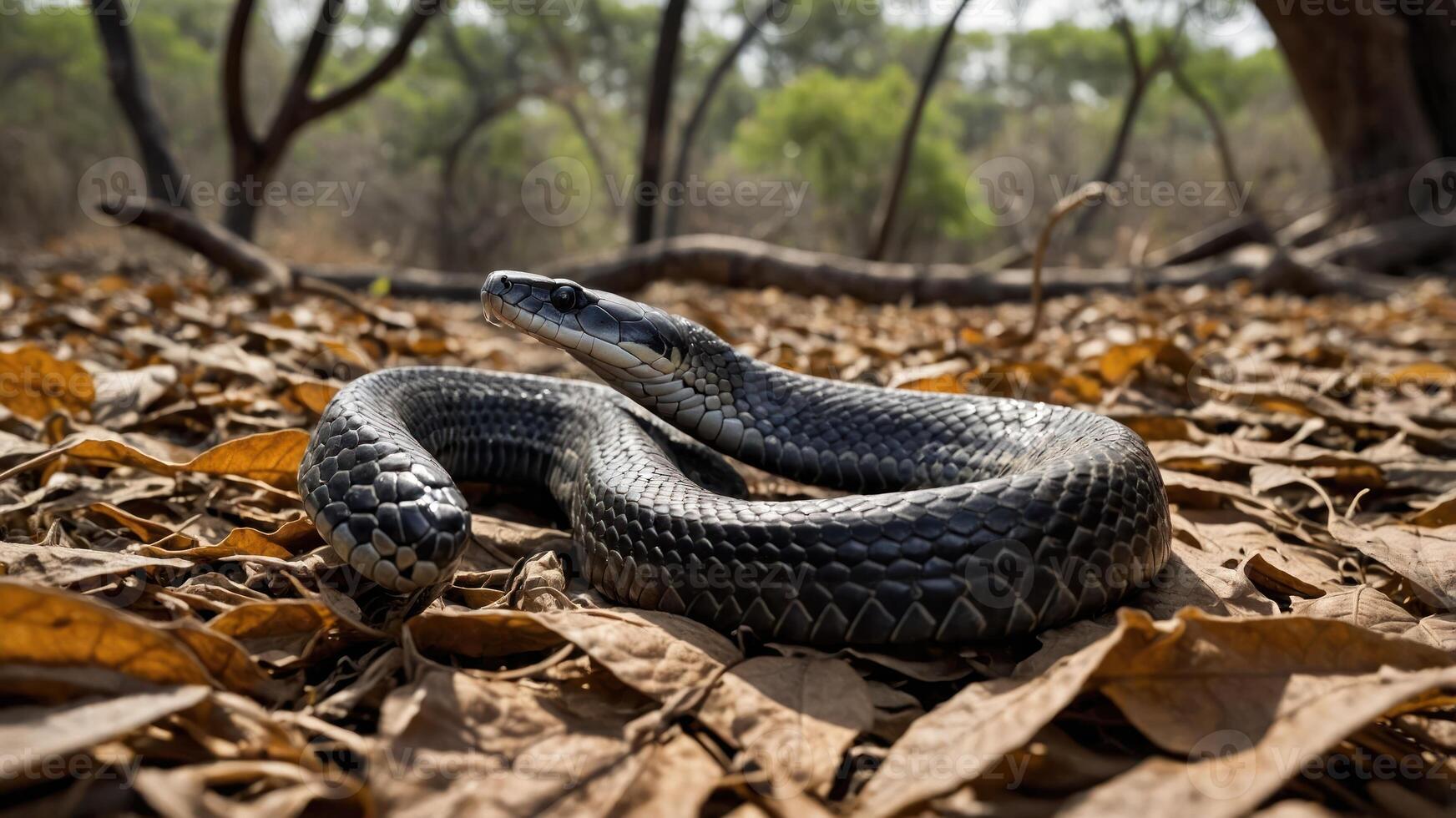 A snake resting on dry leaves in a forested area, showcasing its natural habitat. photo
