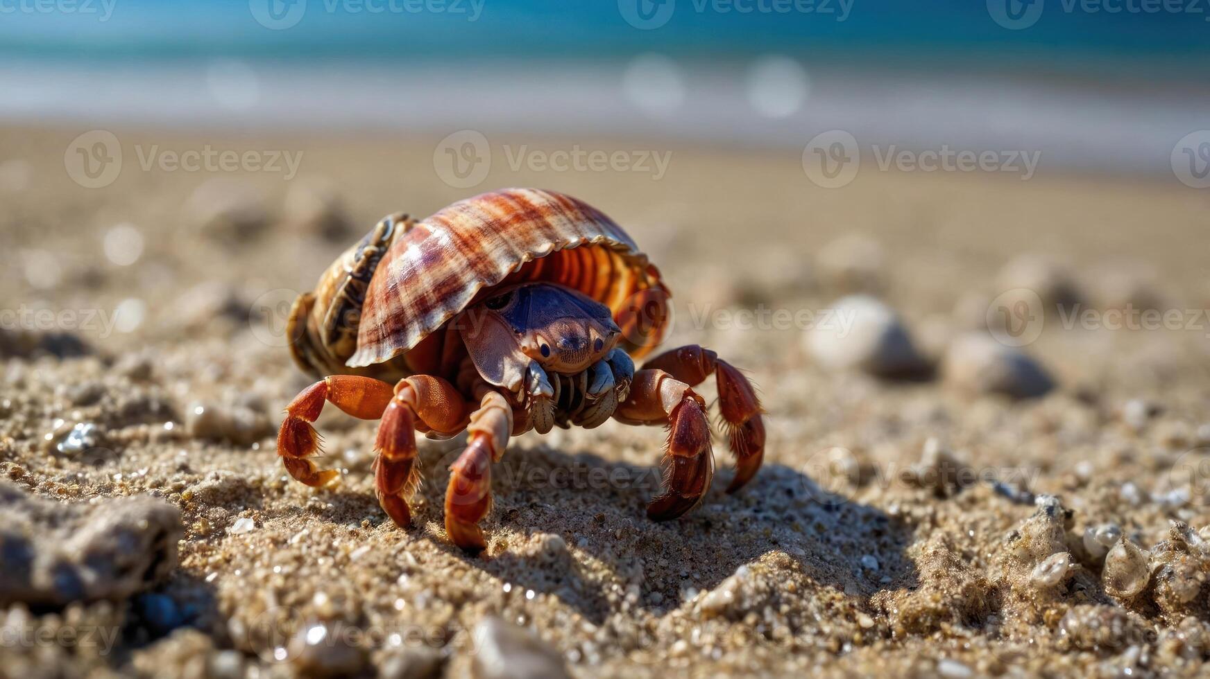 A hermit crab on a sandy beach, showcasing its colorful shell and natural habitat. photo